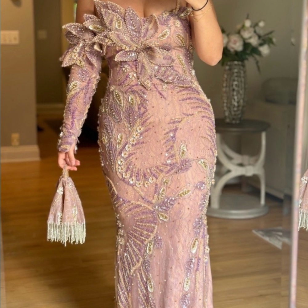 Elegant Purple Beaded Evening Gown